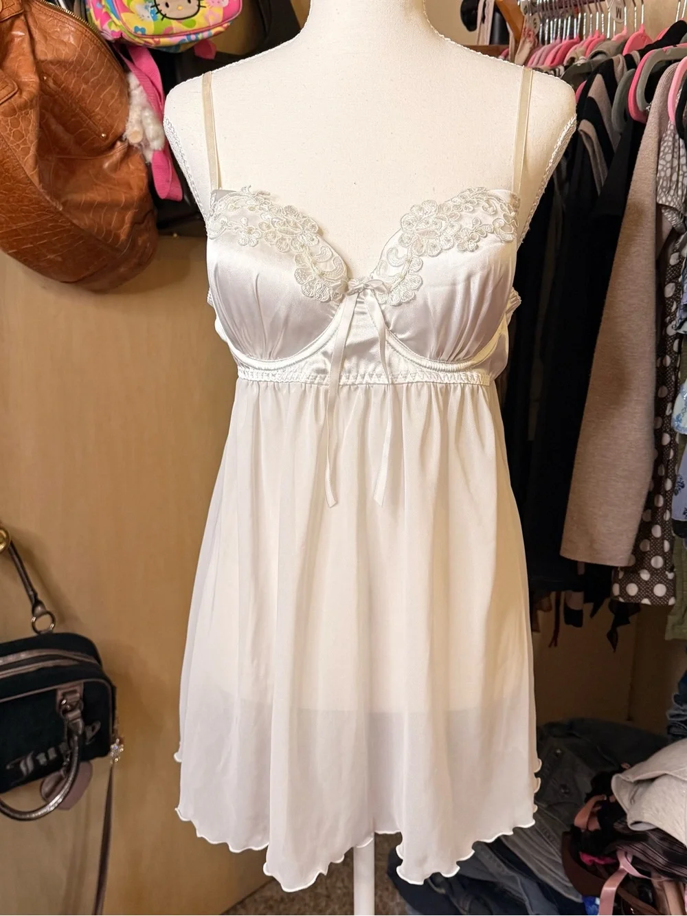 Linea Donatella Ivory Lace-Trim Satin & Chiffon Chemise